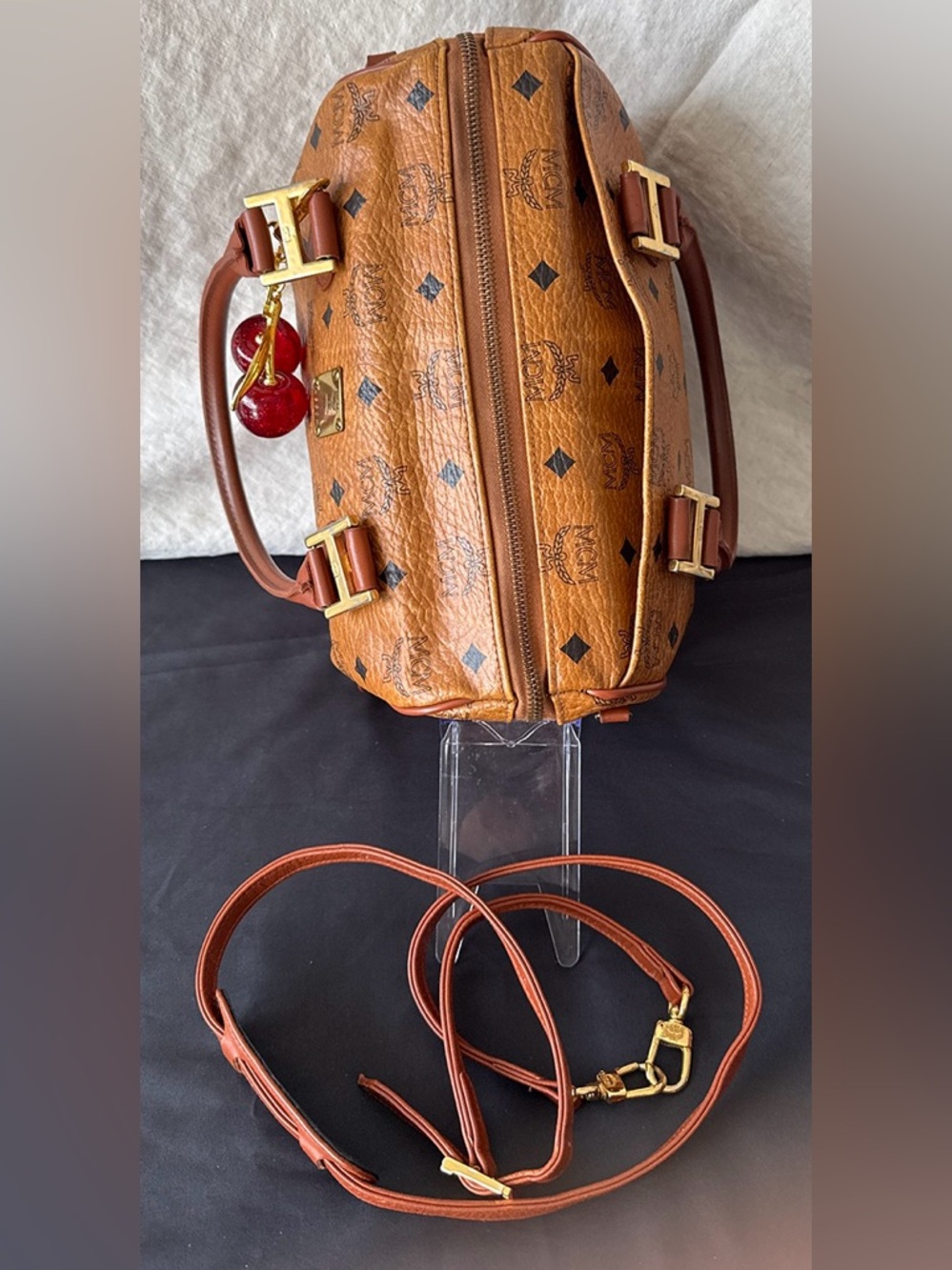 MCM Vintage Cognac Visetos Monogram Boston Bag with Cherry Charm Comes With COA - Picture 5 of 16